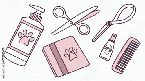 Pet Grooming Supplies Set for Dog and Cat Care Icons for Salon Website Design or Product Packaging