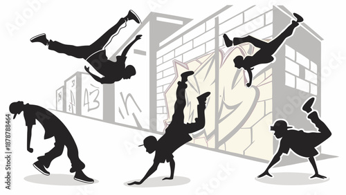 Dynamic Breakdancing Silhouettes Performing Power Moves on Urban Street with Graffiti Walls for Youth Culture Promotion