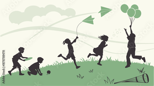 Joyful Children Silhouettes Playing Outdoors with Paper Airplanes Balloons and Nets Summer Fun Activity for Childhood Education Websites and Family Blogs