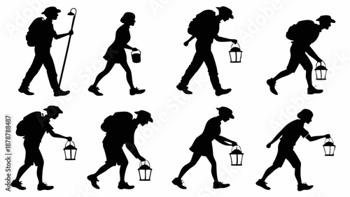 Silhouettes Hikers Backpackers Walking with Lanterns and Stick Outdoor Adventure Travel Journey Exploration Mood