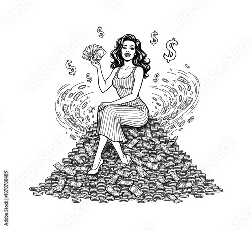 Woman sitting on a huge pile of money with a joyful confident smile holding a fan of dollar banknotes vector art
