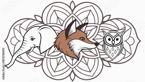 Elephant Fox Owl Animal Heads Mandala Design for Wisdom Education Branding Wisdom Symbolism Graphic