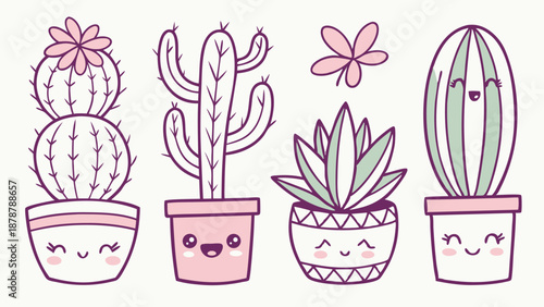 Cute Kawaii Cactus and Succulent Plants Illustration for Nursery Decor Website Design Social Media Graphics
