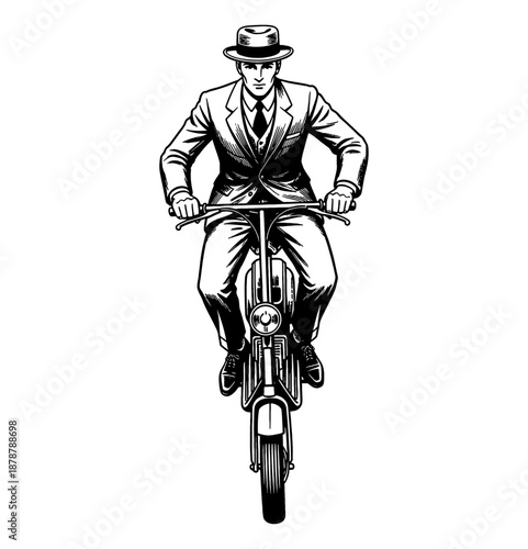 Man in a suit and fedora hat riding a vintage moped or motorized bicycle with a serious expression in black and white line art