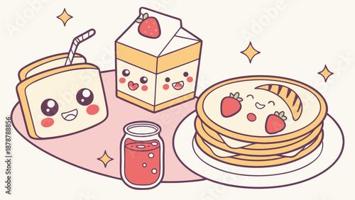 Cute Kawaii Breakfast Set for Cafe Menu Design Happy Food Illustration for Children's Branding