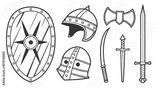 Medieval Armor and Weapon Icons Set Warrior Shield Helmet Sword Axe for Game Design History Projects and Fantasy Illustration