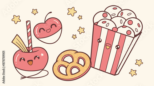 Cute Kawaii Candy Apple Pretzel Popcorn Carnival Treats for Party Flyers Web Design Fun Food Illustration