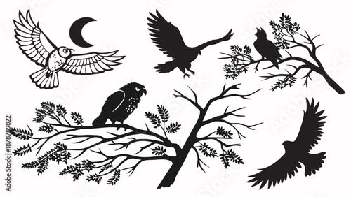 Black Silhouette Birds of Prey Flying and Perching on Tree Branches Night Scene for Tattoo Design or Rustic Wildlife Decor