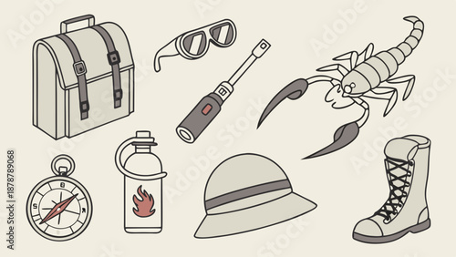 Adventure Gear Flat Lay for Travel Bloggers Safari Exploration Trip Essentials for Outdoor Survival and Expedition Design