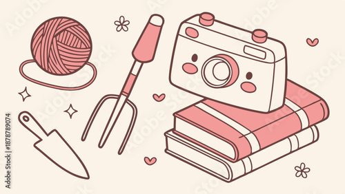 Cozy Hobbies Flat Lay Cute Illustration Knitting Gardening Photography Books for Craft Blog Design Template