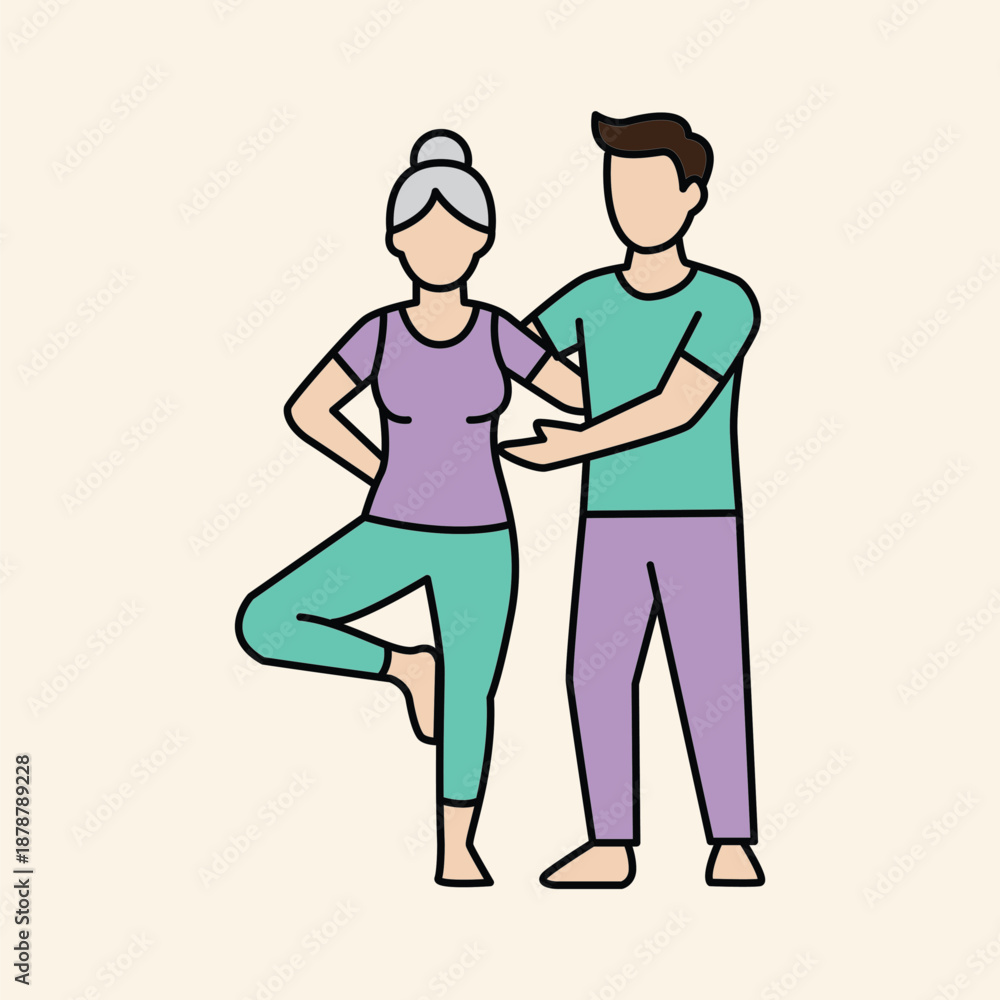 Fototapeta premium Senior woman practicing yoga with personal trainer for safety and support.