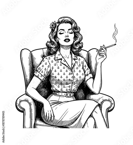 Caucasian Woman Smoking a Cigarette Casually Relaxed in an Armchair with Eyes Closed Vintage Engrave Style