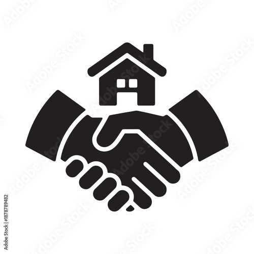 A handshake forming the shape of a house symbolizing property agreement