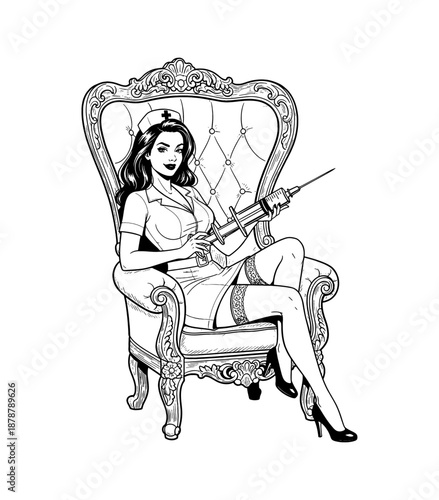 Seductive pinup nurse woman sitting confidently in an ornate chair holding a large medical syringe illustration