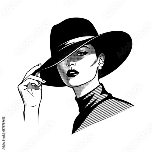 Chic woman in a wide brim hat adjusting the brim with a captivating mysterious expression vector art