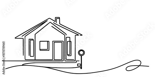 Real Estate and Personal Space, Another elegant one-line drawing of a house with a key, reinforcing themes of home, ownership, and comfort