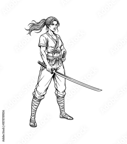Serious Asian Woman Warrior Holding Katana Sword in Traditional Martial Arts Uniform Ready for Battle Detailed Line Art Drawing