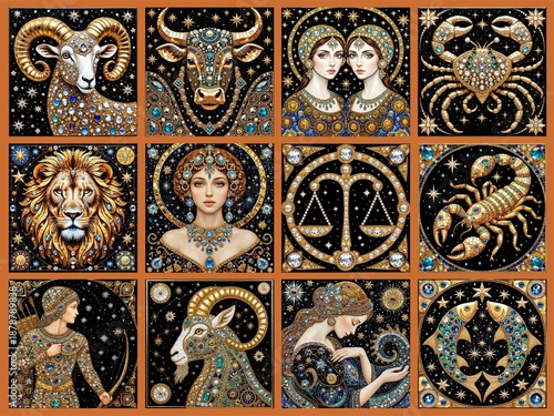 Colorful zodiac signs in a fantasy style with elements of multicolored stones and rhinestones. Astrological signs in black and gold tones. A set of horoscope icons.