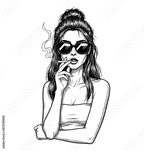 Cool woman with sunglasses and bun smoking a cigarette confident pose line art illustration