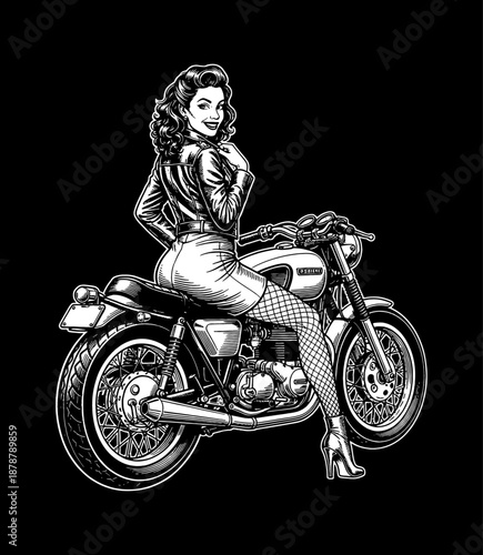 Smiling Pinup Woman Posing Seductively on Classic Motorcycle Wearing Leather Jacket Fishnet Stockings