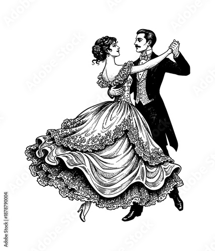 Elegant Caucasian couple dancing ballroom gracefully with romantic expressions in a detailed vintage line art drawing