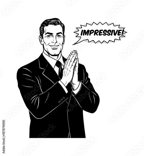Smiling Caucasian Man in Suit with Clasped Hands Expressing Admiration and Impressive Speech Bubble