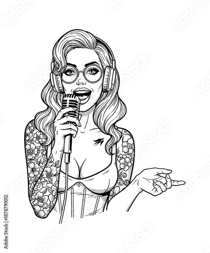 Joyful Pinup Woman Singer with Microphone Headphones Glasses and Tattoos Performing in Line Art Style