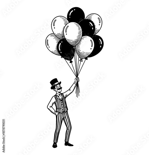 Gentleman holding balloons looking happy in vintage black and white line art drawing illustration