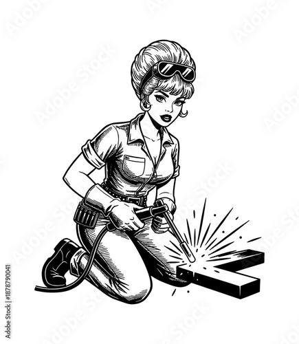Attractive pinup female worker welding metal focused with goggles on head and sparks flying illustration