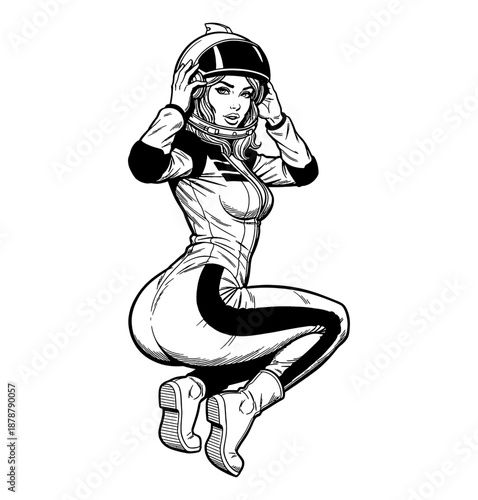 Confident Caucasian woman pinup in a sleek spacesuit adjusting helmet with a focused expression crouching pose