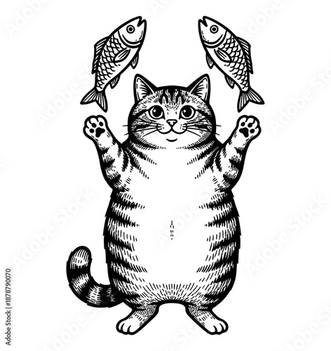 Happy fat tabby cat standing on hind legs with paws up looking at two fish above its head vintage engraving art