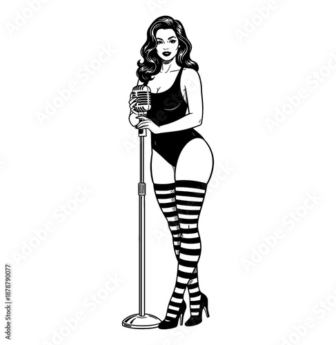 Glamorous confident pinup woman stands with vintage microphone wearing bodysuit striped stockings