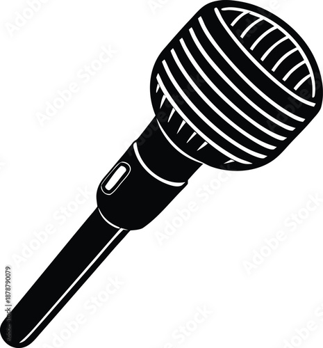 Classic black broadcast microphone icon, Audio sound recording equipment symbol