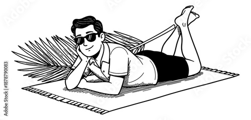 Caucasian man smiling relaxing on a mat with sunglasses and palm leaf enjoying summer leisure activity