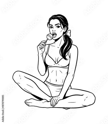 Seductive Woman Sitting Cross Legged in Lingerie Licking a Lollipop with a Playful Expression Pinup Style
