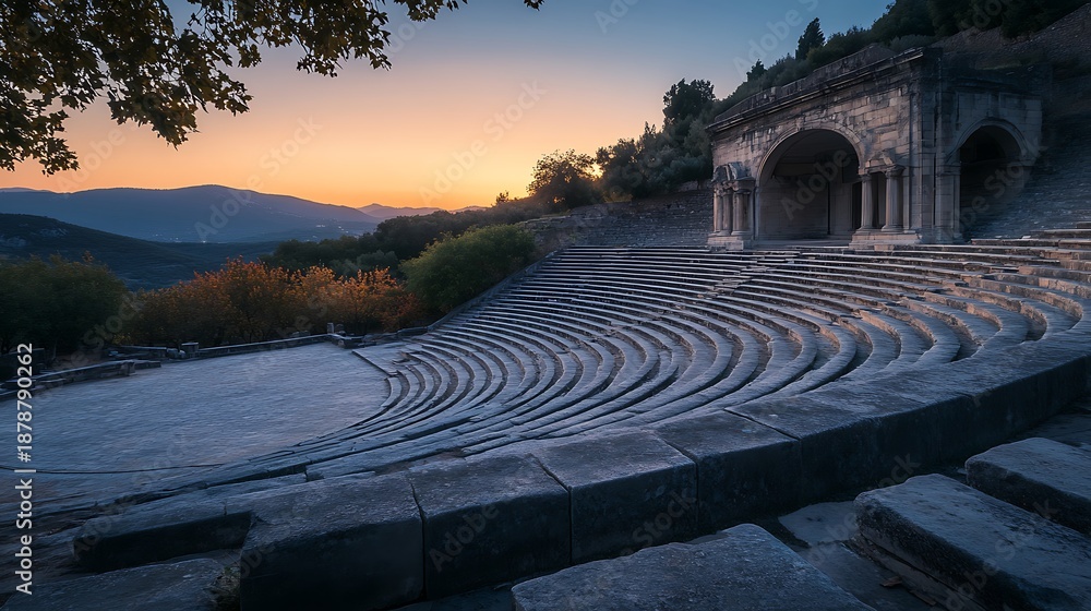 Fototapeta premium Ancient amphitheater under a vibrant sunset with mountains in the background