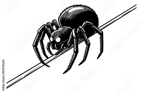 Black and White Spider Illustration on a Diagonal Web Strand Detailed Monochrome Drawing
