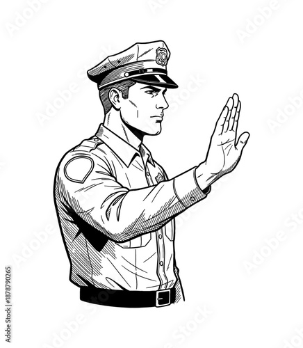 A serious Caucasian police officer making a stop gesture with his hand in a detailed black and white illustration