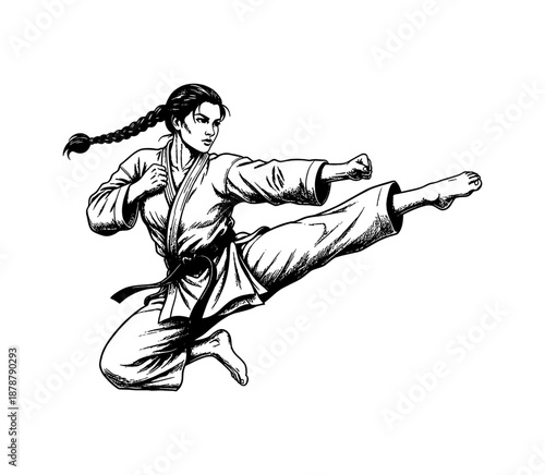 Determined strong woman martial artist performs a powerful dynamic flying kick vector illustration