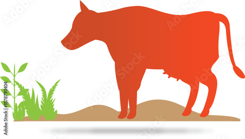 Red cow silhouette standing in green grass simple flat vector illustration for agriculture and farming concepts isolated on white