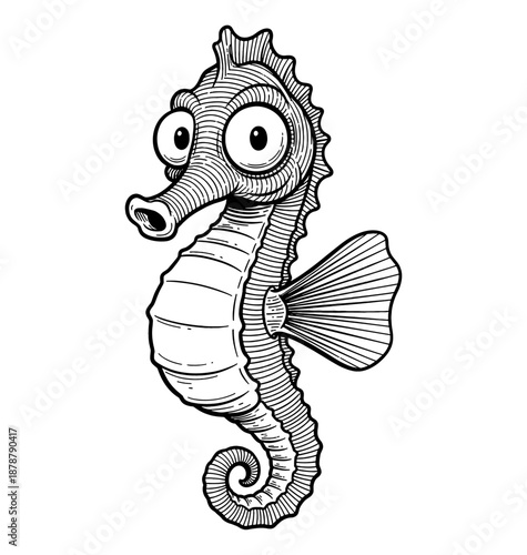 Cute seahorse with big surprised eyes in detailed black and white line art vector illustration looking forward