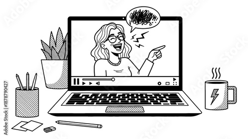 Happy Woman Laughing and Pointing on Laptop Screen During an Online Video Call Presentation with Office Items