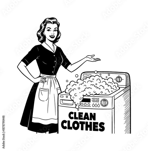Smiling Caucasian woman demonstrating a washing machine with soap bubbles for clean clothes a domestic scene