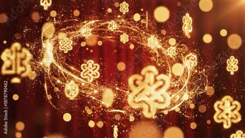 Golden symbols swirling around a ring on red curtain