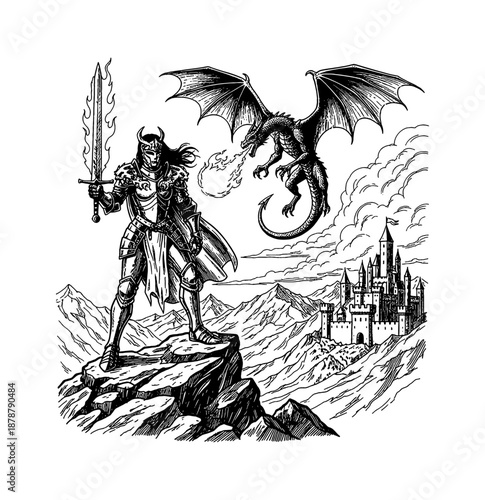 Armored warrior heroically stands with flaming sword on mountain cliff facing fire breathing dragon