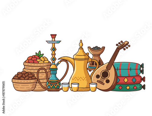 Arabic Coffee Pot and Dates Illustration, Ramadan Kareem Concept
