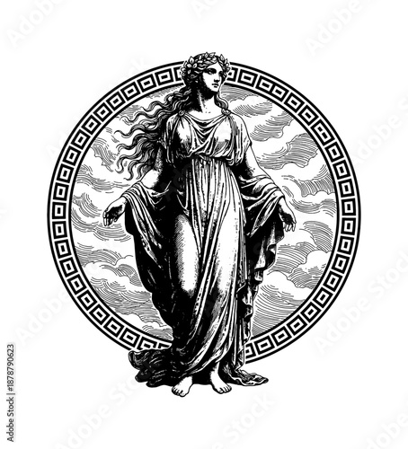 Serene woman goddess figure posing with arms open in flowing robes wearing a wreath surrounded by clouds and Greek key border ancient art