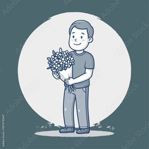 Cartoon character illustration of a happy man carrying flowers