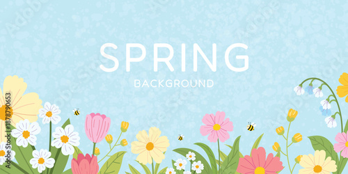 Spring floral background with blooming flowers, green leaves. Botanical design for banner, poster, greeting card or seasonal decoration. Flat vector illustration.