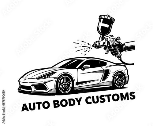 Car body customization service logo with a sports vehicle being painted by a spray gun detailed illustration